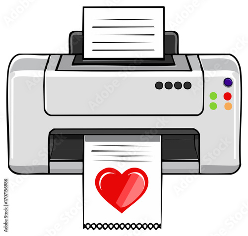 Printer printing a love heart on paper, graphic illustration
