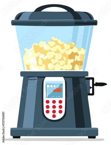 Cartoon popcorn machine illustration with transparent container full of buttery kernels ready to enjoy at home