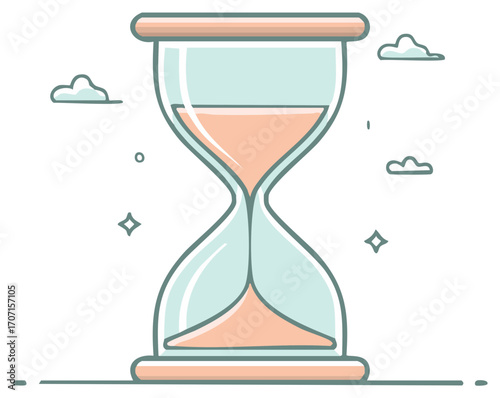 Hourglass Icon Time Passing Concept with Sky Clouds and Sparkling Stars