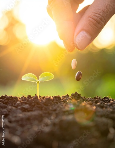 A hand planting seeds near a small green seedling in rich soil, under bright sunlight, symbolizing growth and new beginnings