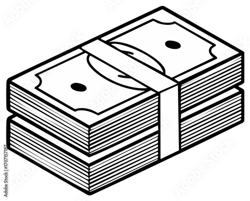 Isometric outline illustration of a bundled stack of money representing financial wealth and savings