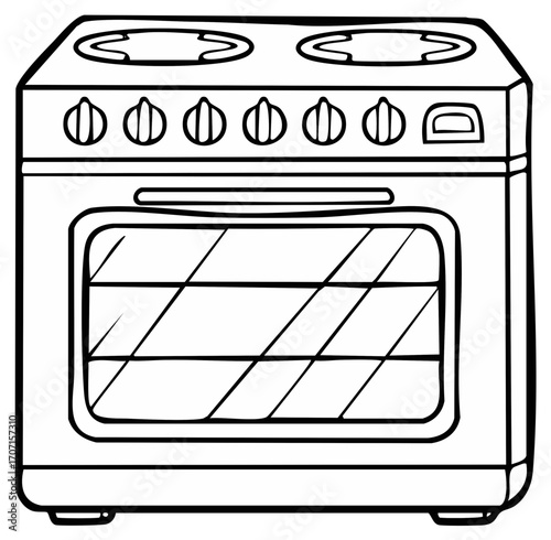 Simple line art illustration of a modern kitchen stove with an oven, cooktop, burners, and control knobs.