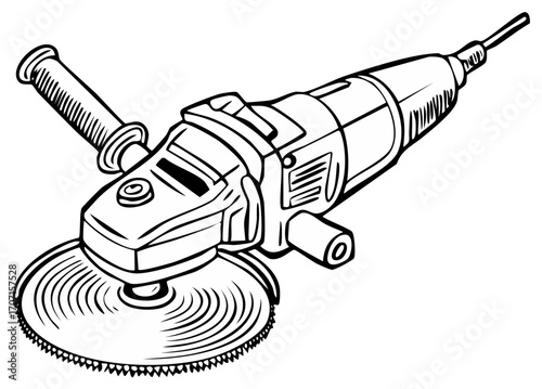 Angle grinder tool vector illustration, hand held disc cutter outline.