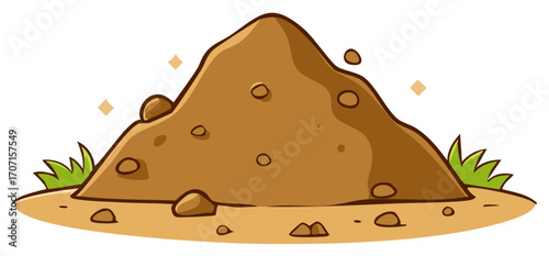 Cartoon pile of dirt with rocks and grass on a white background