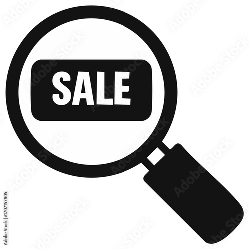 Searching for sales concept vector icon with a magnifying glass over the word sale