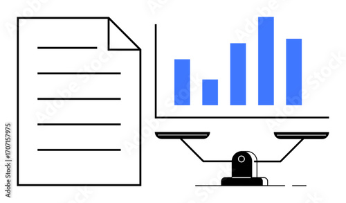 Chart with blue bars beside document, balanced on scales. Ideal for business strategy, decision-making, analytics, report comparison, data justice, trade-offs, information equality in simple flat