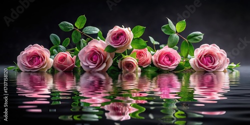 Pink roses reflected in still water, a serene and elegant floral arrangement showcasing the beauty of nature's delicate blooms