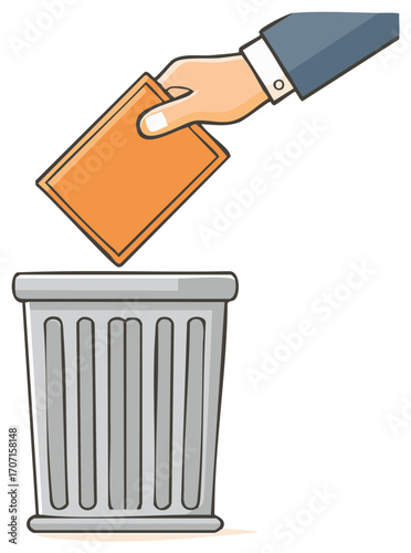 Cartoon hand dropping orange card into trash can symbolizing disposal