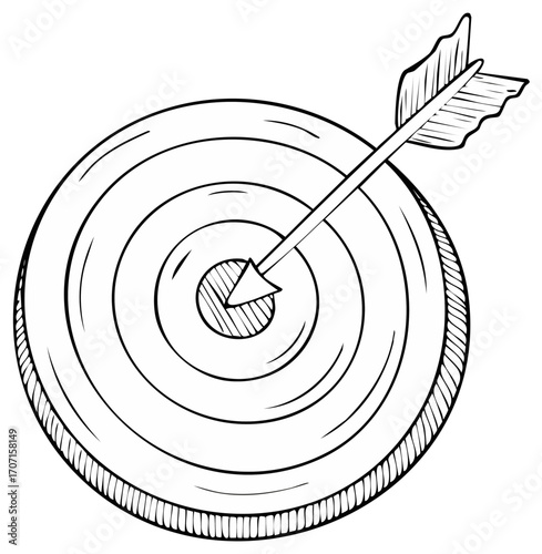 Hand-drawn black and white target board with arrow hitting the bullseye accurately