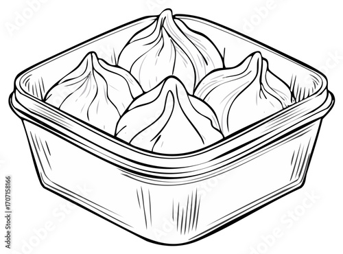 Black and white line art illustration of traditional khinkali dumplings in a takeaway container