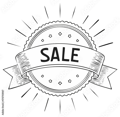 Vintage Style Sale Ribbon Badge With Sunburst Rays and Stars