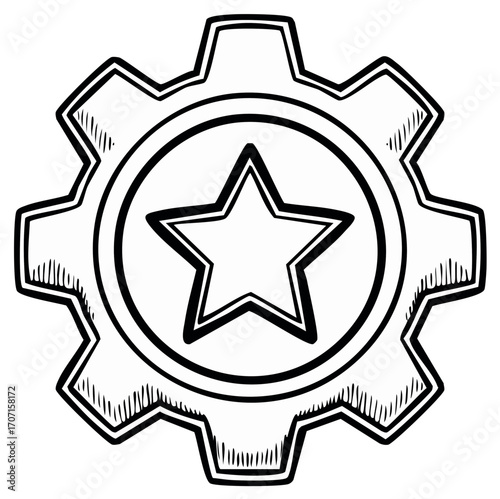 Hand-drawn gear symbol with a star inside, representing industry and excellence