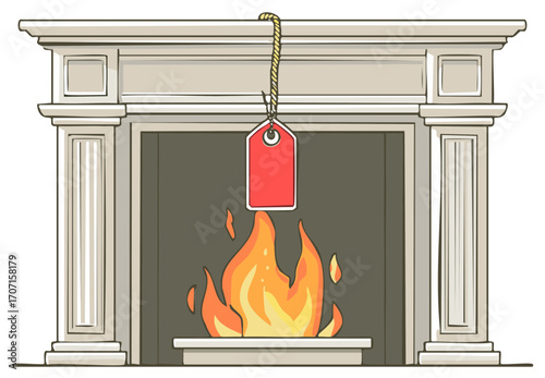 Classic fireplace with a burning price tag symbolizing high energy costs