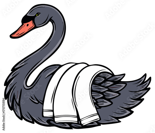 Elegant Black Swan Illustration with White Drape Beautiful Bird Icon Symbol