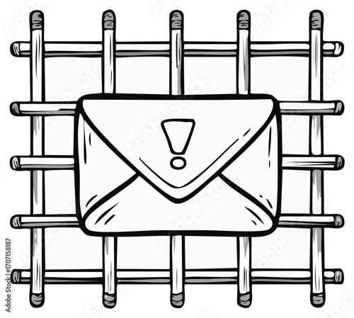 Cartoon Mail Envelope with Exclamation Point Behind Prison Bars Concept