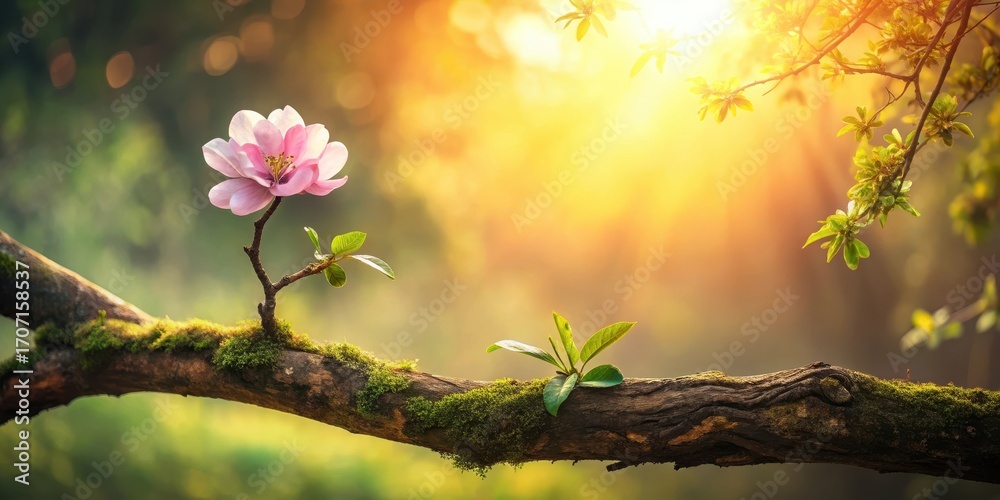 Obraz premium A single blossoming flower on a moss-covered branch bathed in the warm glow of the setting sun, symbolizing the delicate beauty of nature's renewal