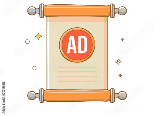 Advertising scroll paper with the letters AD inside of a circle shape cartoon illustration