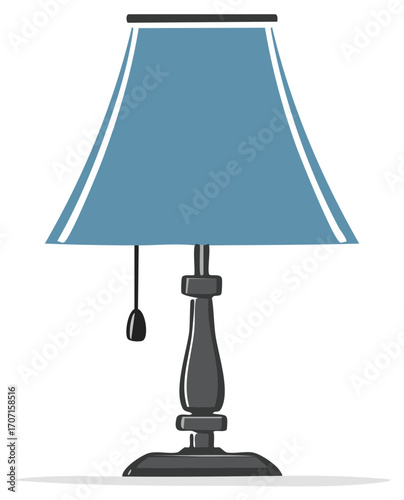 Stylized table lamp with a blue lampshade and ornate dark base