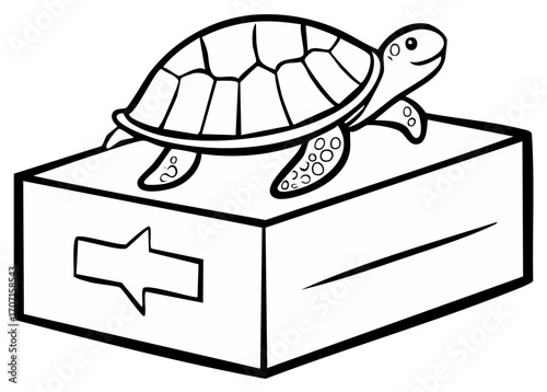 Monochrome Illustration of Cartoon Turtle on Box with Arrow, Outline Drawing