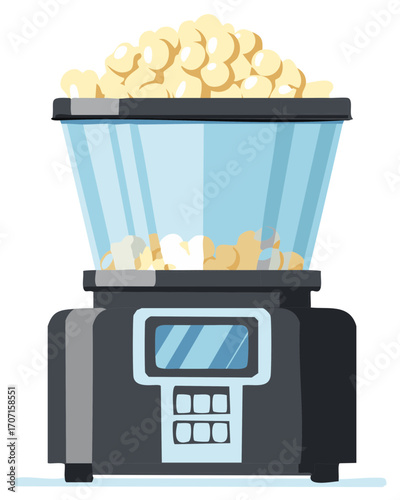 Stylized illustration of a popcorn machine overflowing with golden popped corn for a movie or party