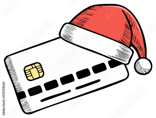Christmas shopping with credit card wearing a Santa hat, holiday spending, financial illustration