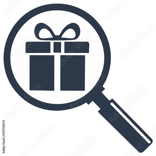 Gift box under magnifying glass representing search for present or special offer.
