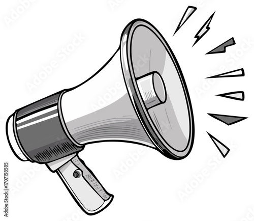 Stylized gray megaphone emitting sound waves for public announcement, communication, and urgent message broadcast