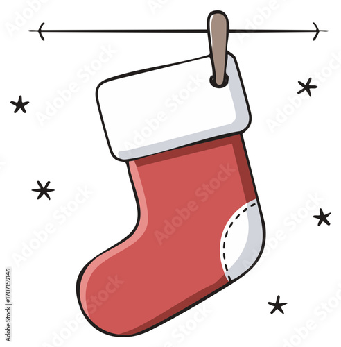 Hanging red Christmas stocking with stars illustration with clothespin, traditional holiday decor