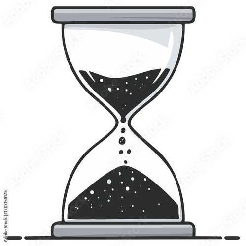 Hourglass timer with black sand falling through in a minimalist drawing style