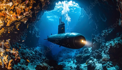 Wallpaper Mural A sleek, dark submarine glides through the ocean, illuminated by its own light, surrounded by coral reefs inside a dark cave Torontodigital.ca