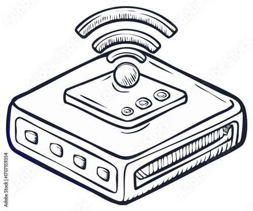 Sketch illustration of wireless router with control panel and visible connections for data transfer