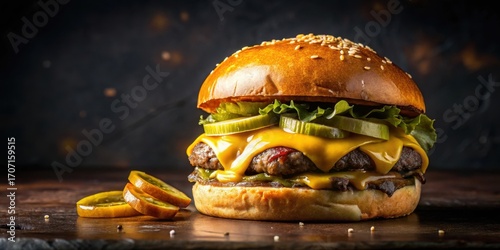 Juicy double patty cheeseburger with melted cheese, lettuce, and pickles on a sesame seed bun, served on a rustic wooden board