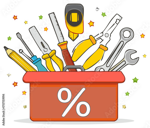 Toolbox overflowing with construction tools and discount percentage symbol symbolizing savings