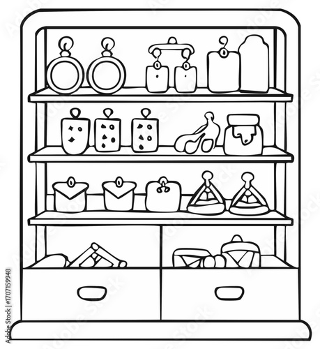 Shelves with decorative objects vector line art illustration design element
