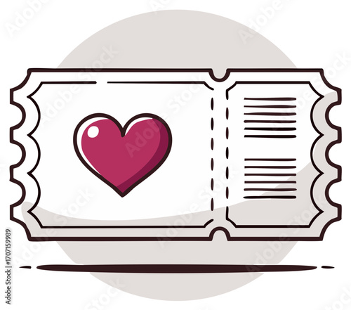Valentine's Day Ticket Illustration Featuring a Heart, Romantic Admission Pass Graphic