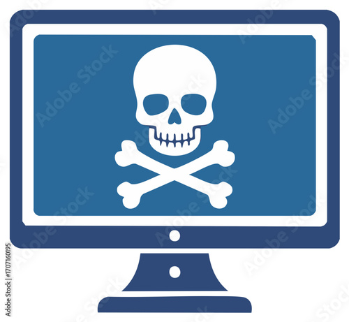 Cyber attack vector icon showing a skull and crossbones on a computer monitor screen representing malware and viruses