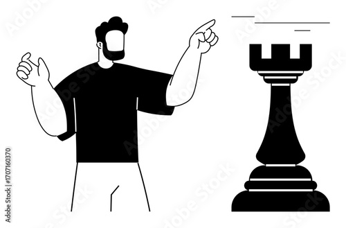 Man gesturing thoughtfully towards a chess rook emphasizing strategy, leadership, and decision-making. Ideal for business, teamwork, problem-solving, planning, leadership, strategy success themes