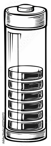 Black and white illustration of a battery displaying partial charge and energy level.