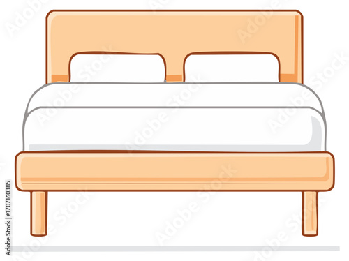 Simple wooden bed with white mattress and pillows cozy home furnishing illustration