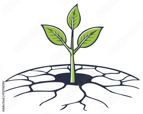 Growing sprout in dry earth illustration. Eco friendly concept for growth.