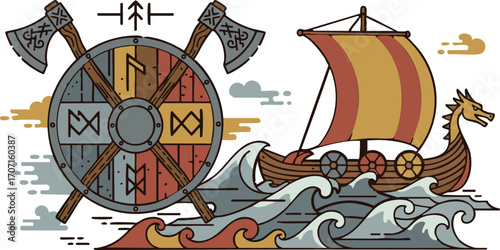 Viking Ship and Shield Vector Illustration
