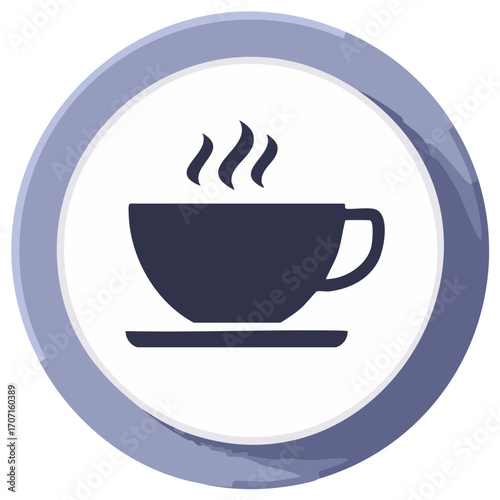 Round vector icon with a steaming coffee cup symbol for a cafe, restaurant, or break time sign