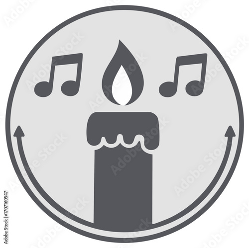 Candle flame icon in circle frame with music notes, upwards arrows symbol, vector symbol