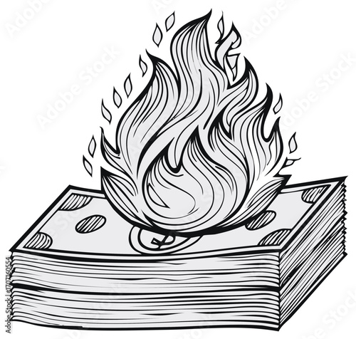 Burning stack of money. Financial waste, economic loss, or destruction of wealth