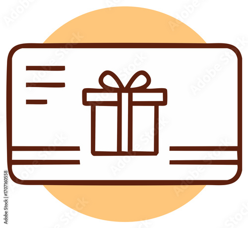 Gift card design with a present icon, brown outline, and orange background