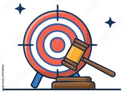 Courtroom gavel strikes bullseye on target symbolizing justice and legal decisions