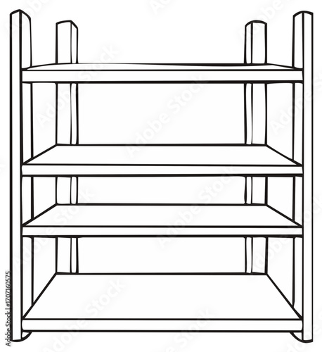 Outline illustration of wooden shelf with 3 levels. Home furniture storage organizer. Sketch of stand rack shelves. Bookshelf outline.