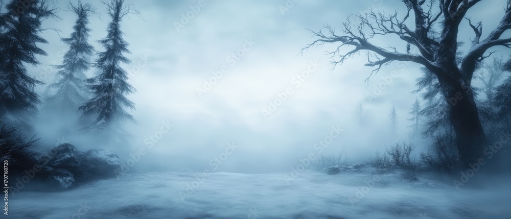 Fototapeta premium A serene winter landscape shrouded in mist, featuring tall, frosty evergreen trees and eerie bare branches, perfect for enhancing themes of solitude, mystery