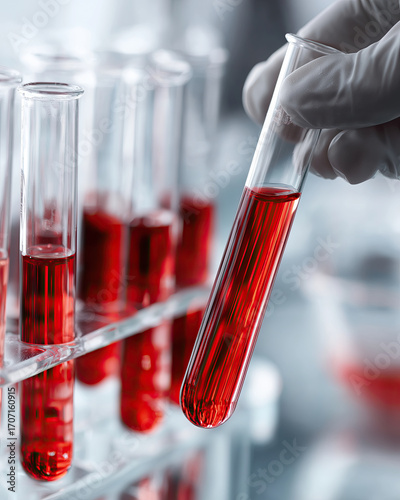 Gloved hand holding test tube with red liquid among multiple test tube rack, laboratory equipment and clinical sample conveying medical analysis and scientific precision