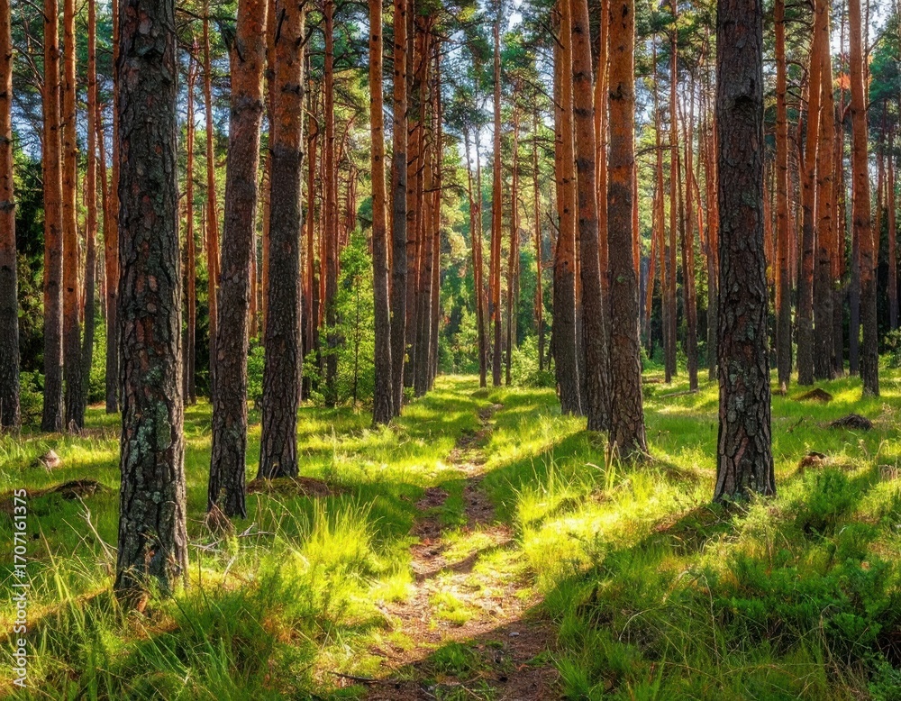 Fototapeta premium Tranquil forest scene with tall trees lining a path, sunlit grass, and a peaceful, natural ambiance